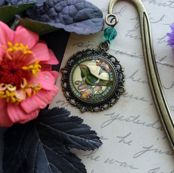 Hummingbird Glass Cabochon Brass Book Hook / Bookmark