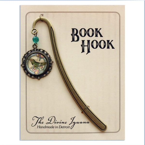 Hummingbird Glass Cabochon Brass Book Hook / Bookmark