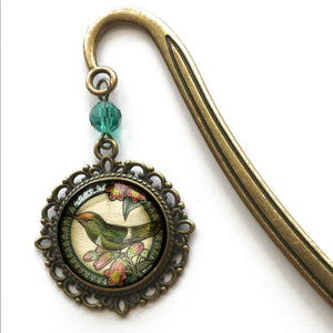 Hummingbird Glass Cabochon Brass Book Hook / Bookmark