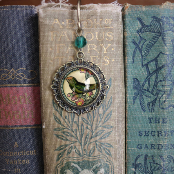 Hummingbird Glass Cabochon Brass Book Hook / Bookmark