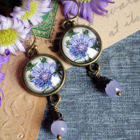 Purple Aster Bachelor's Buttons Vintage Inspired Cottage Core  Drop / Dangle Earrings