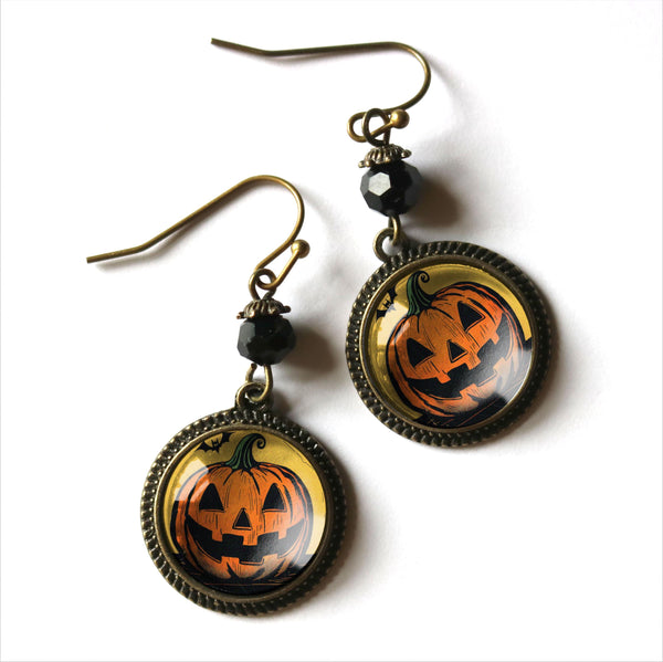 Retro Halloween Jack-O-Lantern with Bat Vintage Inspired Drop / Dangle Earrings