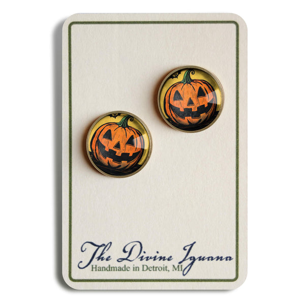 Jack O Lantern w/Bat Vintage Inspired Stud Earrings
