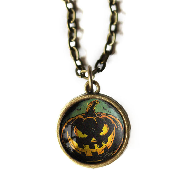 Retro Jack O Lantern w/ Bat Simple Reversible Halloween Pendant Necklace