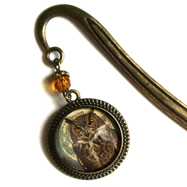 Victorian Owl Glass Cabochon Brass Book Hook / Bookmark