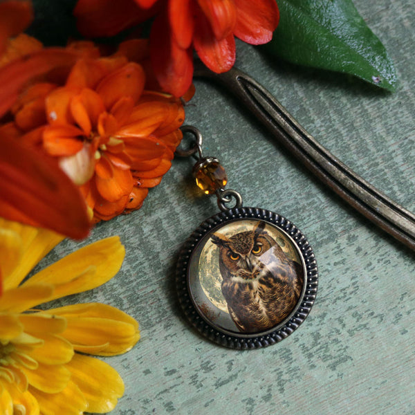 Victorian Owl Glass Cabochon Brass Book Hook / Bookmark