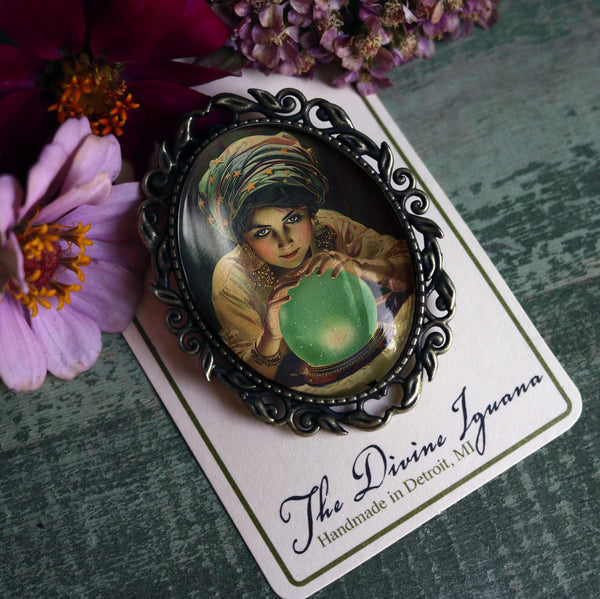 Fortune Teller Ornate Glass and Bronze Brooch