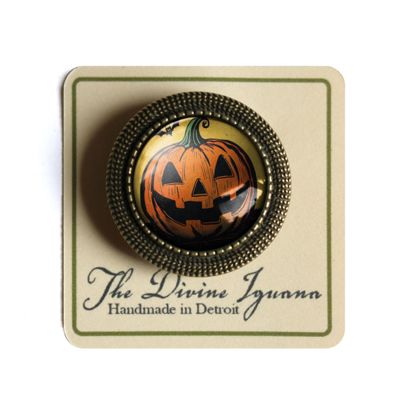Jack O Lantern w/ Bat Retro Halloween Black Cat Vintage Inspired Pin Brooch