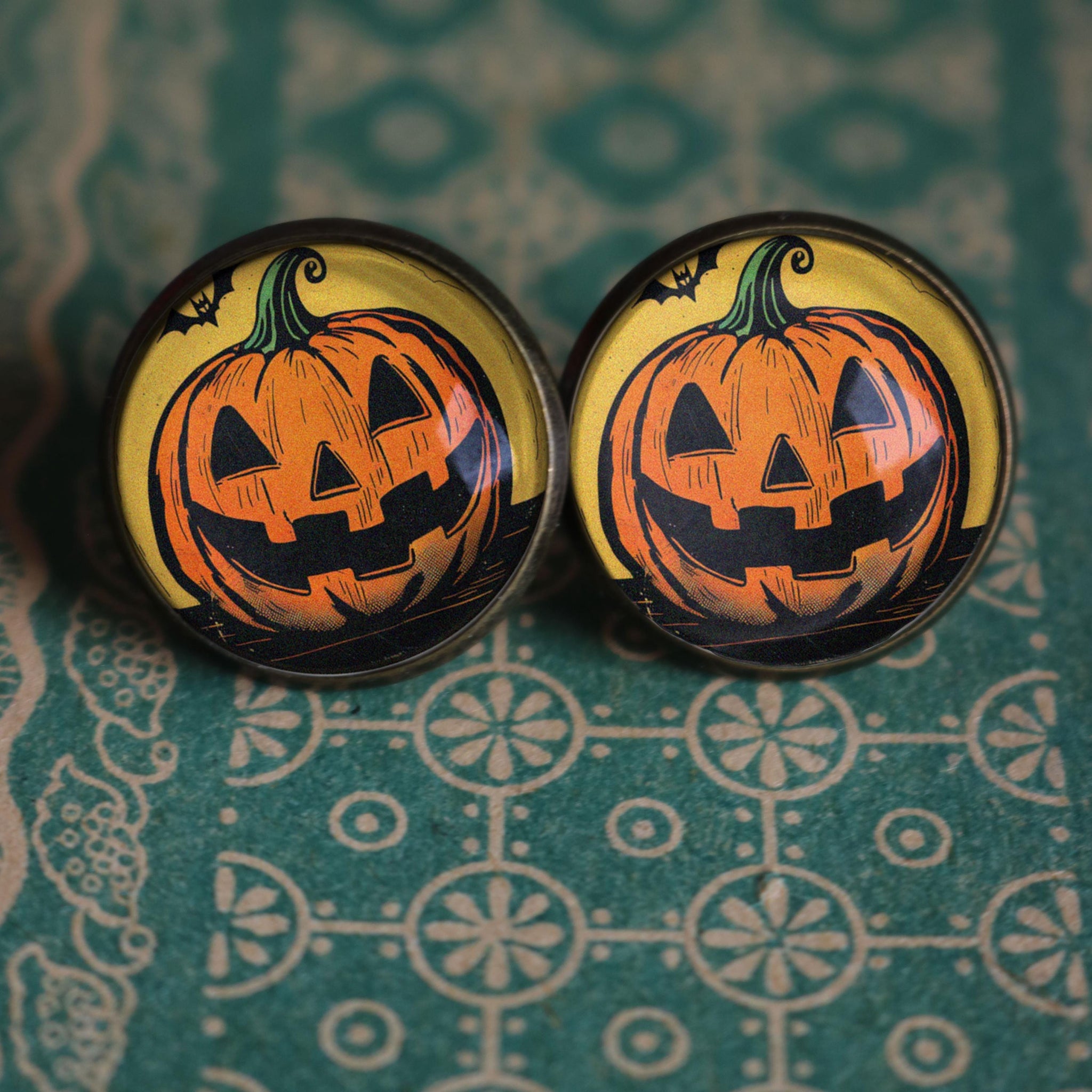 Jack O Lantern w/Bat Vintage Inspired Stud Earrings