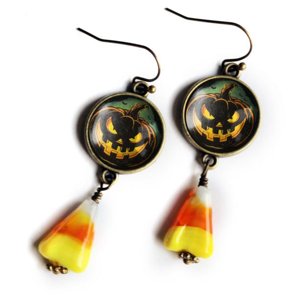 Spooky Black Retro Halloween Jack O Lantern w/ Candy Corn Drop / Dangle Earrings