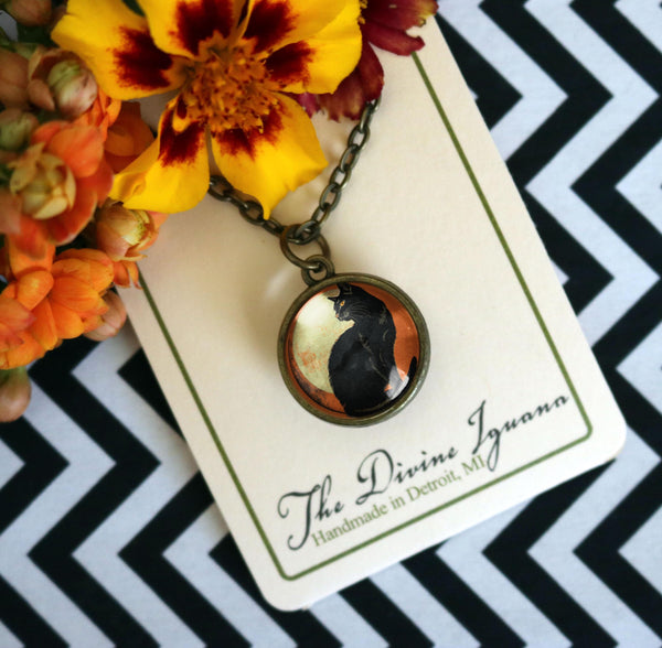 Chat Noir Retro Halloween Black Cat Simple Reversible  Pendant Necklace