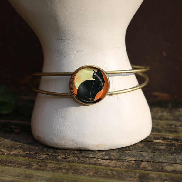 Chat Noir Retro Halloween Black Cat Goth / Halloween Cuff Bracelet with Glass Cabochon on Bronze