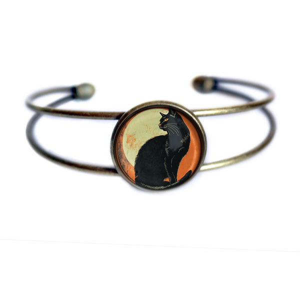 Chat Noir Retro Halloween Black Cat Goth / Halloween Cuff Bracelet with Glass Cabochon on Bronze