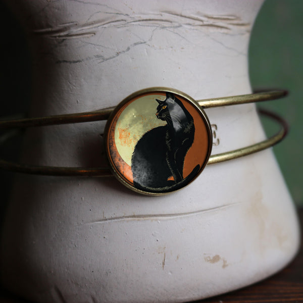 Chat Noir Retro Halloween Black Cat Goth / Halloween Cuff Bracelet with Glass Cabochon on Bronze