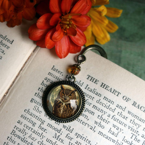 Victorian Owl Glass Cabochon Brass Book Hook / Bookmark