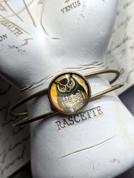 Retro Halloween Owl Cuff Bracelet / Bangle in Antique Brass