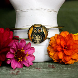 Retro Halloween Owl Cuff Bracelet / Bangle in Antique Brass