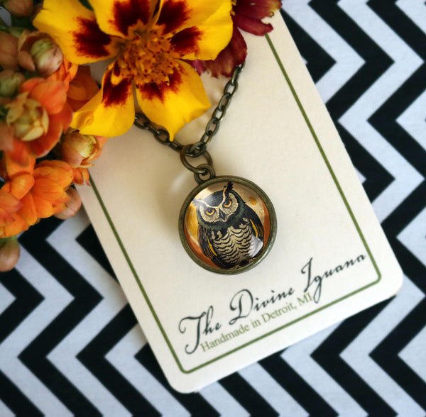 Victorian Owl Simple Reversible Pendant Glass Cabochon Pendant Necklace