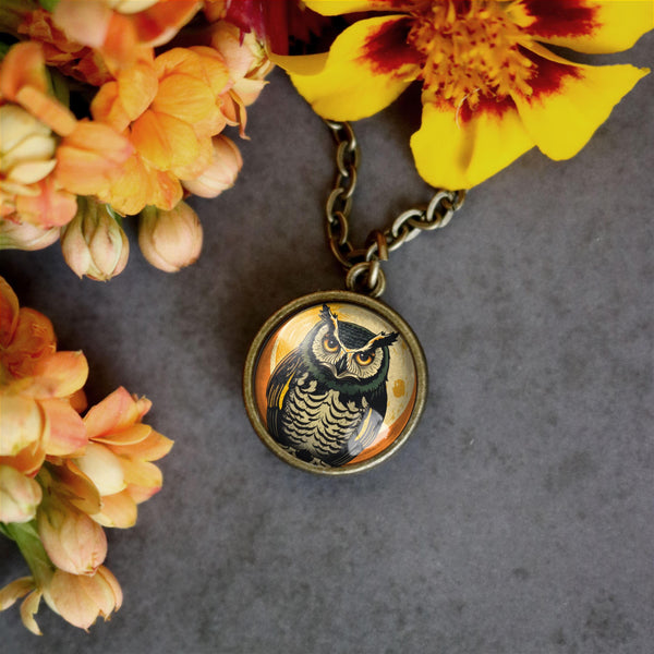Victorian Owl Simple Reversible Pendant Glass Cabochon Pendant Necklace