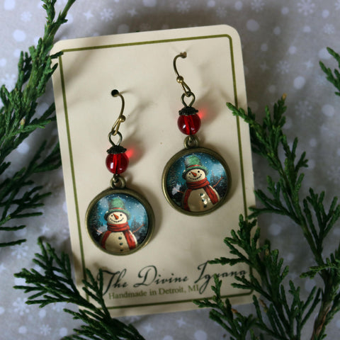 Victorian Snowman Vintage Holiday Glass Cabochon and Antique Bronze Earrings with Nickel-Free Wires and Backing