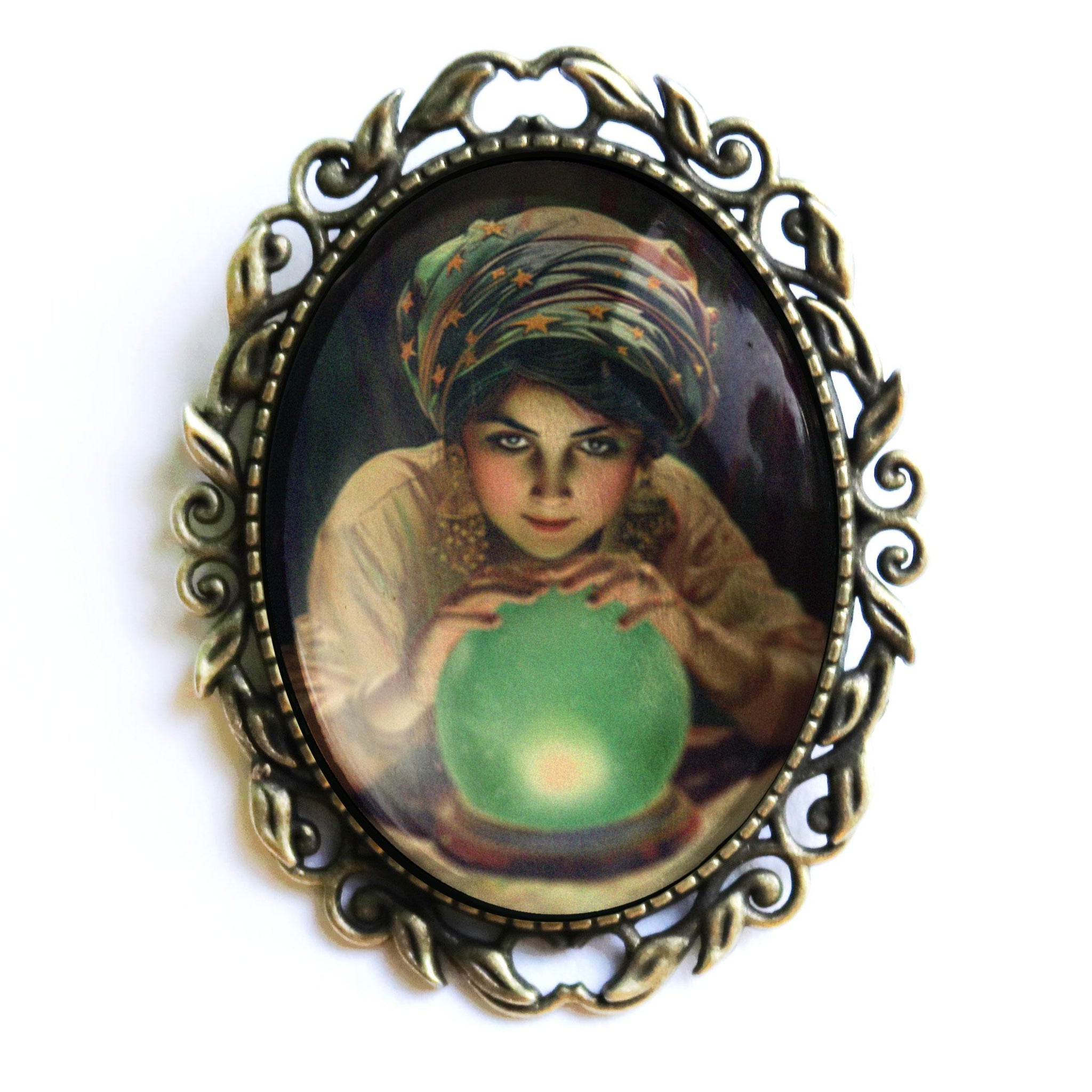 Fortune Teller Ornate Glass and Bronze Brooch