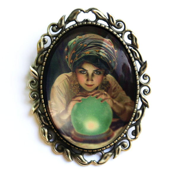 Fortune Teller Ornate Glass and Bronze Brooch