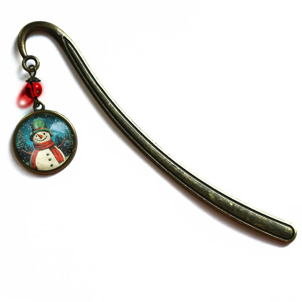 Victorian Snowman Glass Cabochon Brass Book Hook / Bookmark