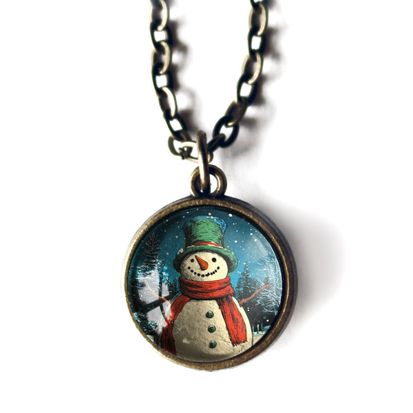 Victorian Snowman Simple Reversible Retro Christmas Glass Cabochon Pendant Necklace