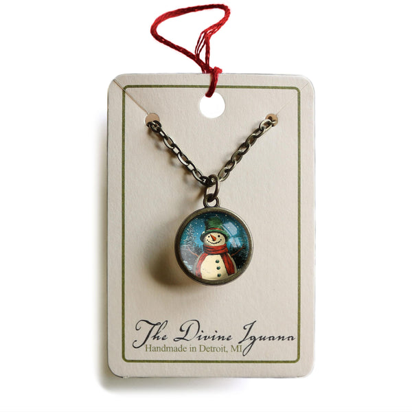 Victorian Snowman Simple Reversible Retro Christmas Glass Cabochon Pendant Necklace