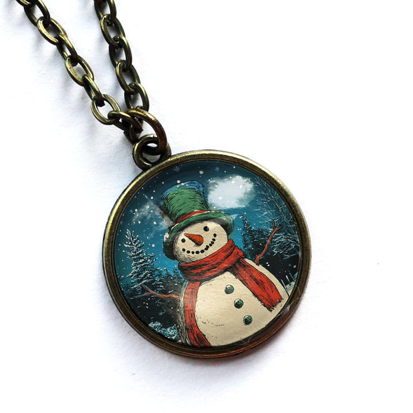 Victorian Snowman Christmas Large Pendant Necklace in Simple Bronze Bezel