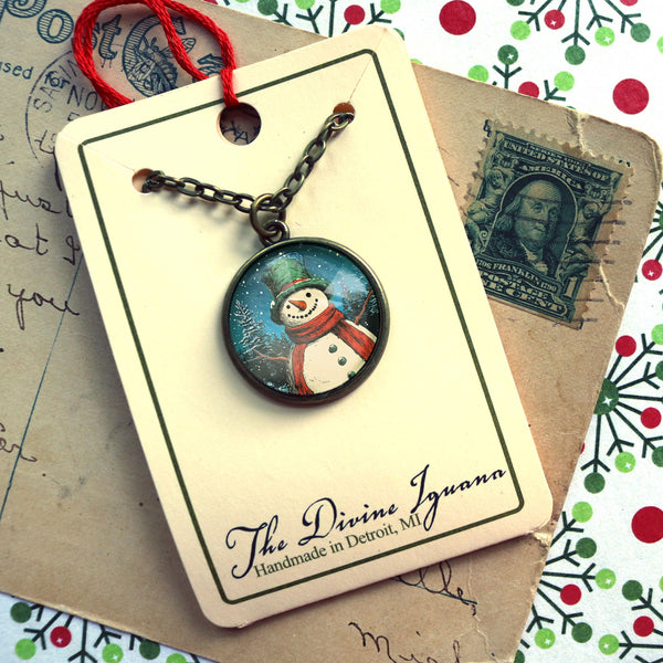 Victorian Snowman Christmas Large Pendant Necklace in Simple Bronze Bezel