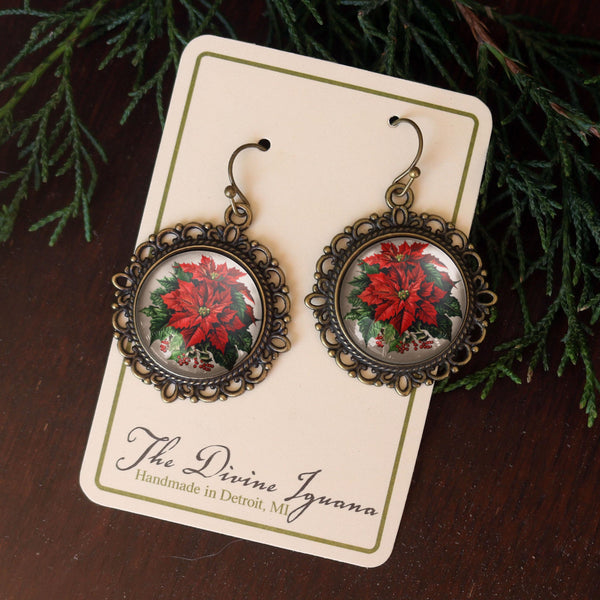 Classic Poinsettia Glass Cabochon and Antique Bronze Earrings with Nickel-Free Wires and Backing