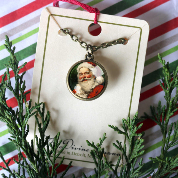 Victorian Santa Simple Reversible Retro Christmas Glass Cabochon Pendant Necklace