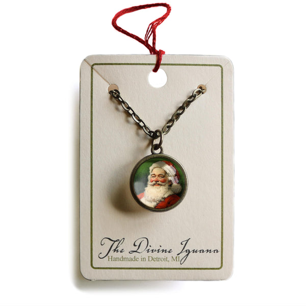 Victorian Santa Simple Reversible Retro Christmas Glass Cabochon Pendant Necklace