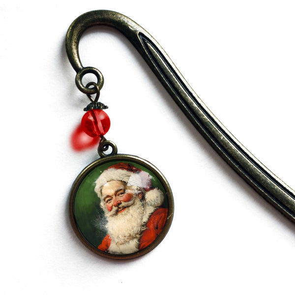 Victorian Santa Claus Glass Cabochon Brass Book Hook / Bookmark