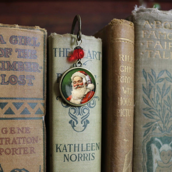 Victorian Santa Claus Glass Cabochon Brass Book Hook / Bookmark