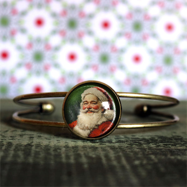 Victorian Santa Claus Cuff Bracelet / Bangle in Antique Brass