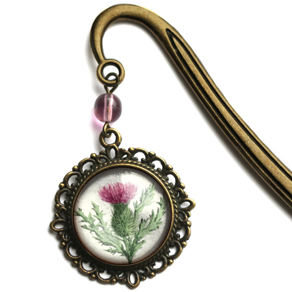 Scottish Thistle Flower Glass Cabochon Brass Book Hook / Bookmark