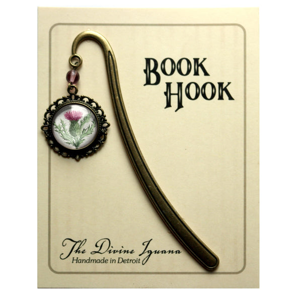 Scottish Thistle Flower Glass Cabochon Brass Book Hook / Bookmark
