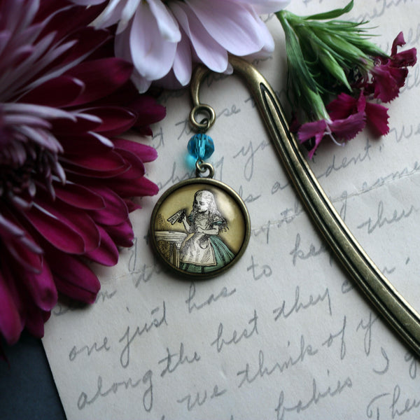 Alice in Wonderland "Drink Me" Potion Glass Cabochon Brass Book Hook / Bookmark