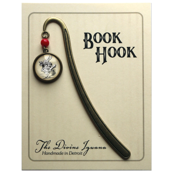 Alice in Wonderland White Rabbit Glass Cabochon Brass Book Hook / Bookmark