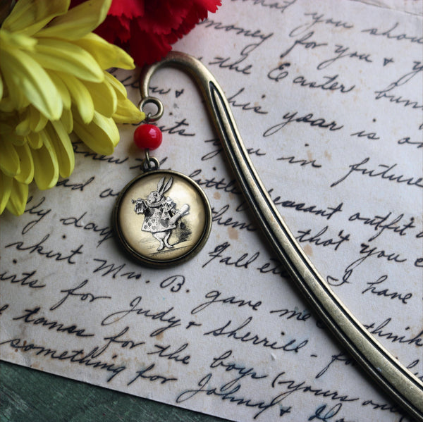 Alice in Wonderland White Rabbit Glass Cabochon Brass Book Hook / Bookmark