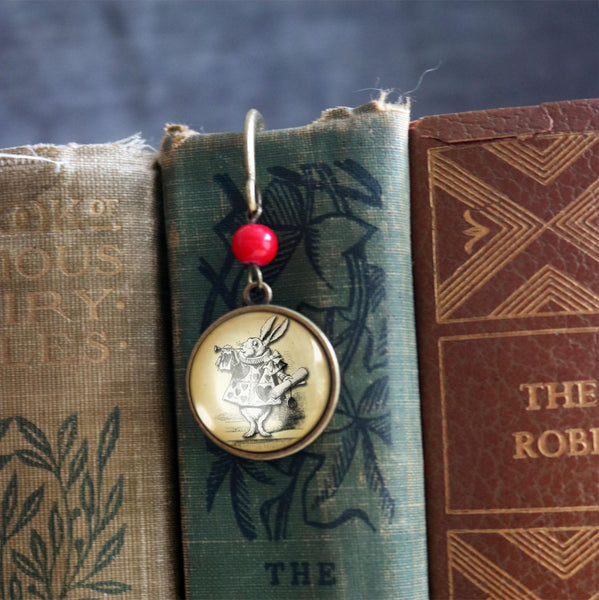 Alice in Wonderland White Rabbit Glass Cabochon Brass Book Hook / Bookmark