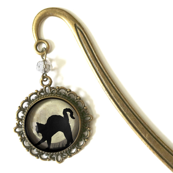 Black Cat on Full Moon Glass Cabochon Brass Book Hook / Bookmark