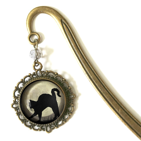 Black Cat on Full Moon Glass Cabochon Brass Book Hook / Bookmark