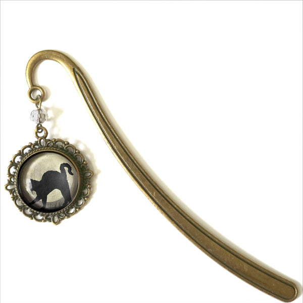 Black Cat on Full Moon Glass Cabochon Brass Book Hook / Bookmark
