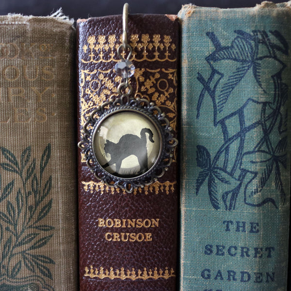Black Cat on Full Moon Glass Cabochon Brass Book Hook / Bookmark