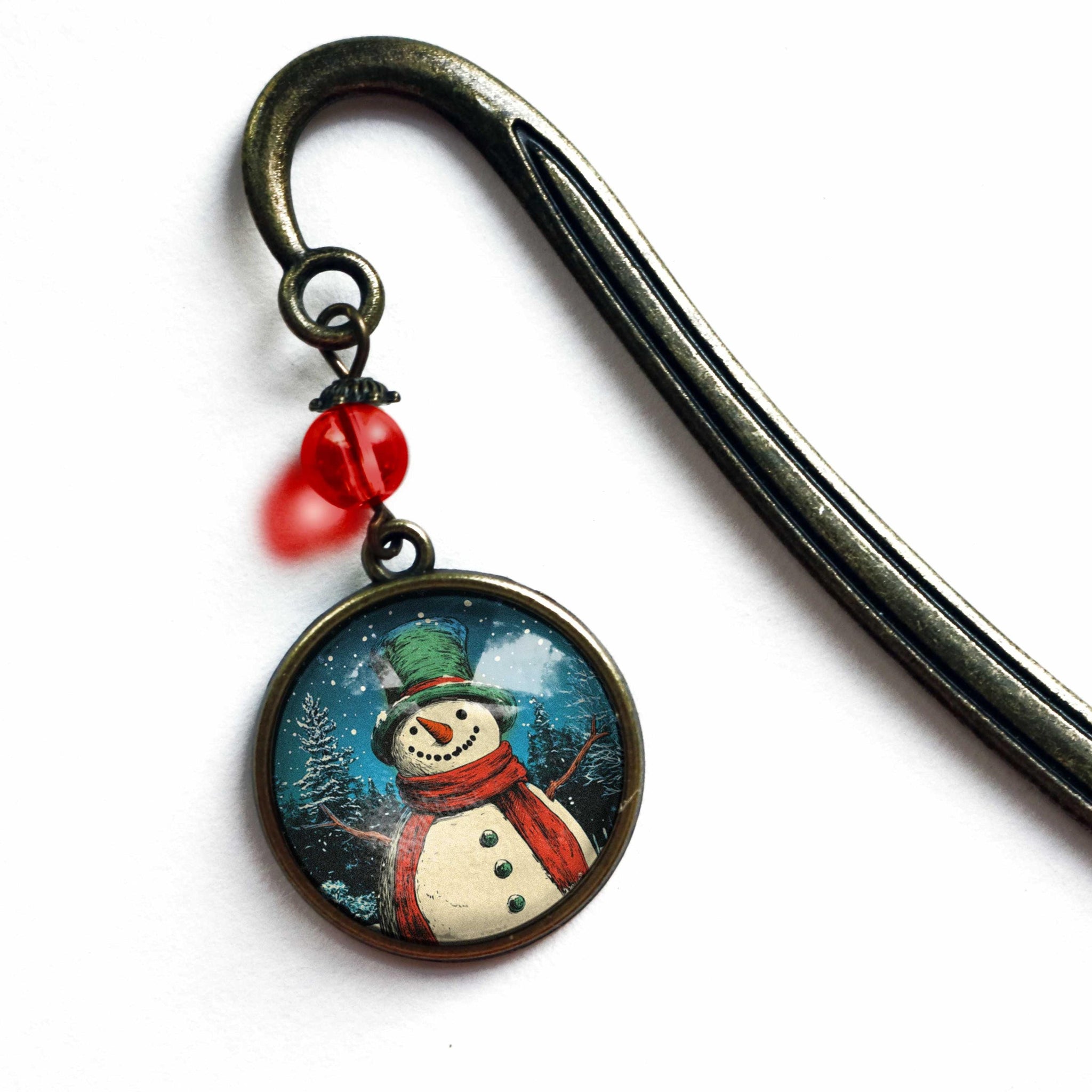 Victorian Snowman Glass Cabochon Brass Book Hook / Bookmark