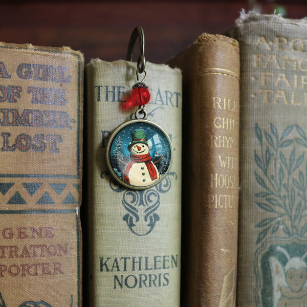 Victorian Snowman Glass Cabochon Brass Book Hook / Bookmark