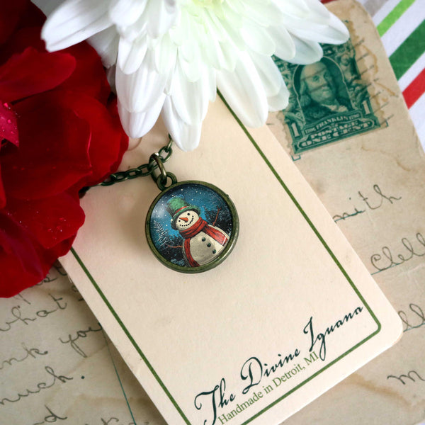 Victorian Snowman Simple Reversible Retro Christmas Glass Cabochon Pendant Necklace